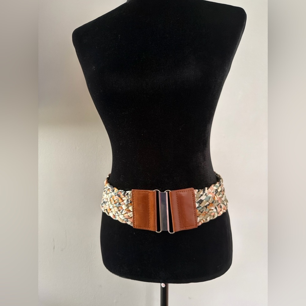 Braided Multicolor Stretch Belt with Brown Leather Accents
